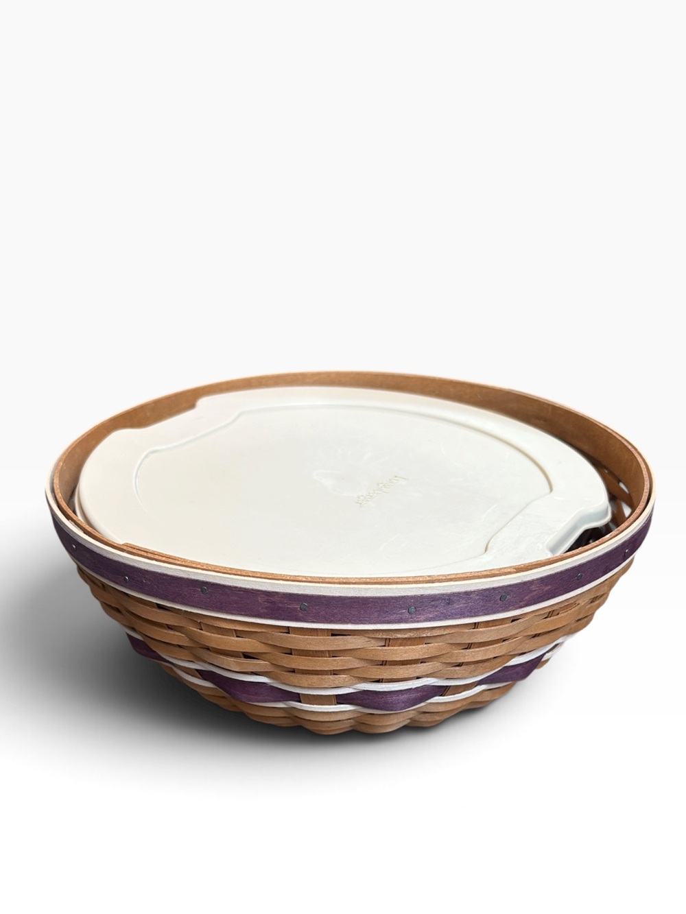 Longaberger Weave Buffet Bowl Basket Hard Protector with Lid Brown & Purple